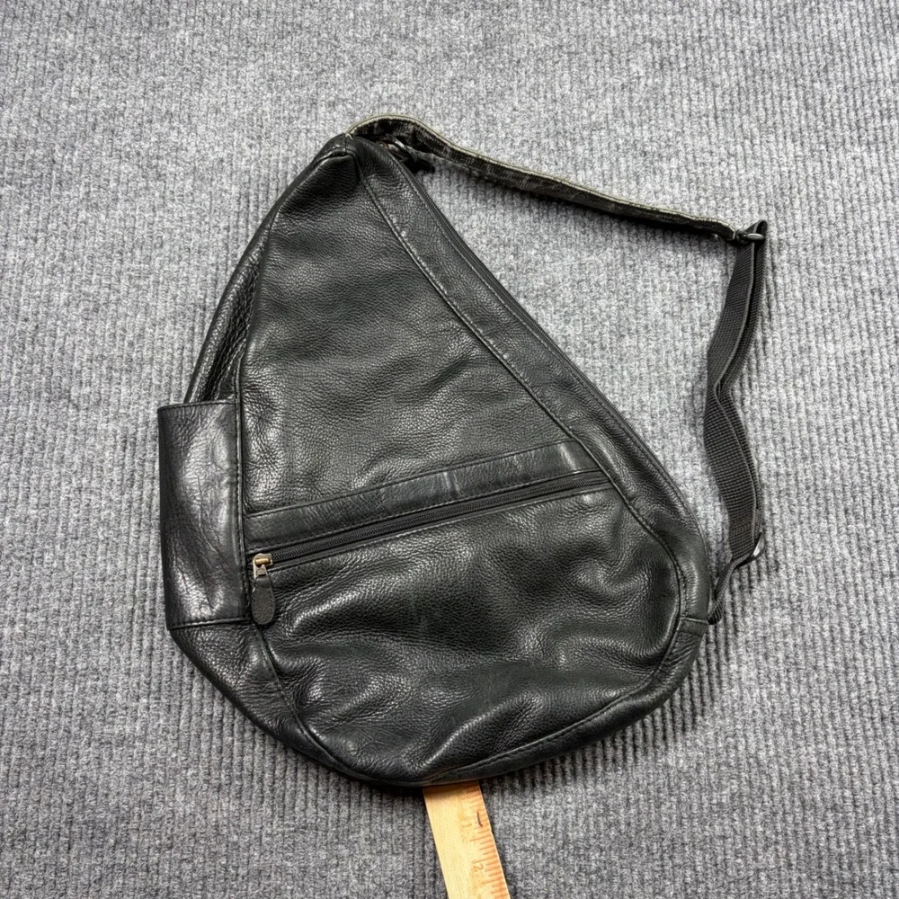 LL Bean AmeriBag Healthy Back Bag Black Leather Sling Backpack Medium 0PX84